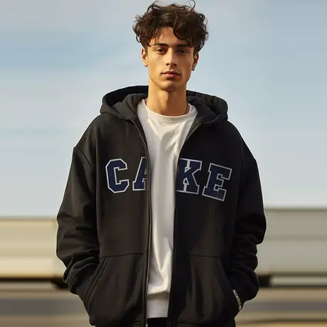 2023早春秋新款字母加绒外套胖子男装拉链连帽加肥加大码开衫卫衣图片