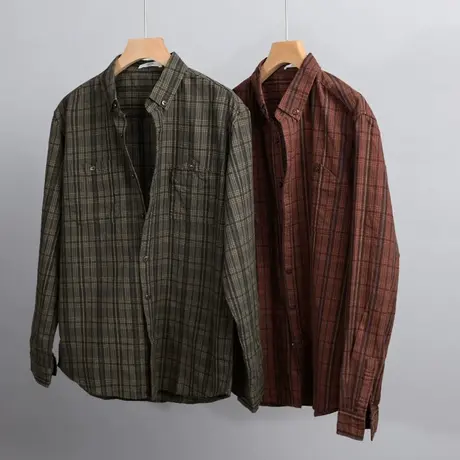 格子休闲衬衫男春季日系复古长袖衬衣外套时尚男士内搭格纹寸衫潮商品大图