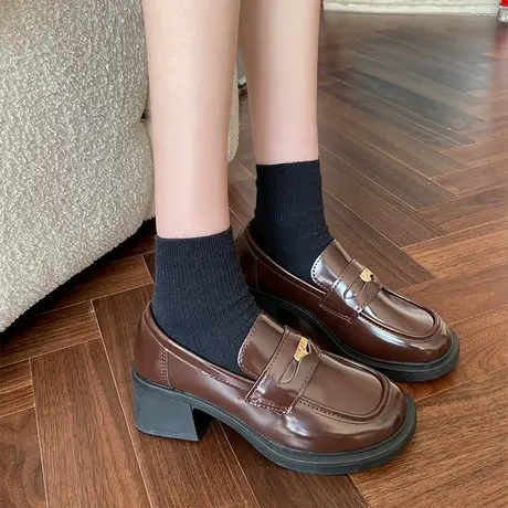 黑色小个子粗跟高跟鞋女2023年新款春秋季法式玛丽珍鞋圆头小皮鞋商品大图