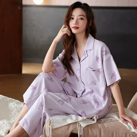 婷美睡衣女士夏季纯棉薄款短袖开衫宽松大码七分裤家居服外出套装图片