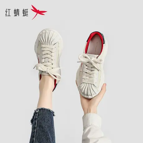 红蜻蜓休闲板鞋女平底2023春夏新款溶解鞋厚底帆布鞋贝壳头小白鞋图片