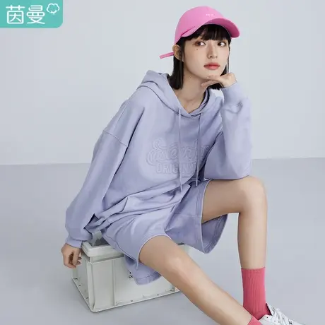 茵曼休闲女2023年春季新款刺绣宽松运动风简约舒适连帽新疆棉卫衣图片