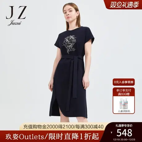 JZ玖姿简约圆领棉时尚开衩裙子女2022夏季新款系带收腰短袖连衣裙图片