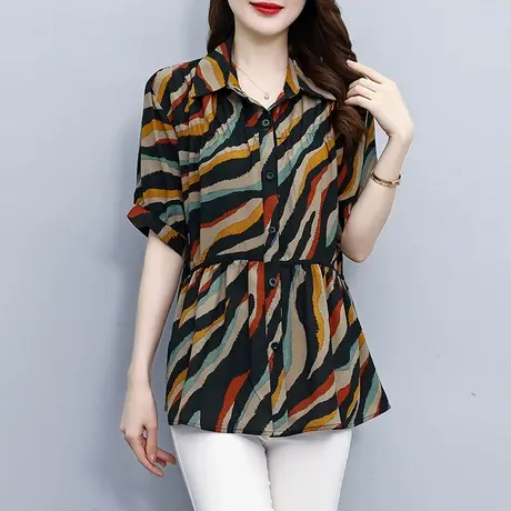 妈妈装减龄雪纺衬衫女上衣夏装2023新款短袖宽松显瘦遮肚子小衫女商品大图