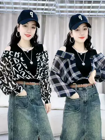 2023早秋新款时尚女装设计感衬衫女撞色拼接假两件漏肩格子上衣潮图片