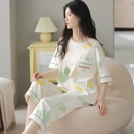 南极人睡衣女士春秋季纯棉短袖薄款七分裤家居服套装2023年新款夏图片