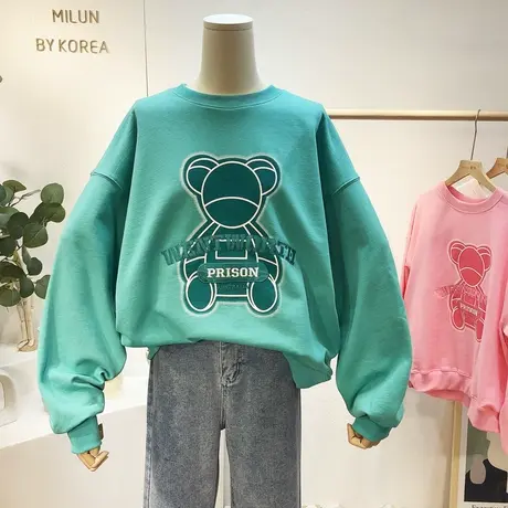 2021春季新款韩国东大门ins小众卫衣潮日系小熊刺绣字母宽松卫衣商品大图