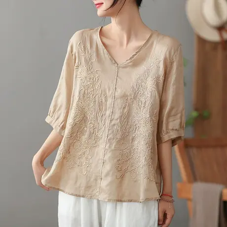 dza复古绣花苎麻衬衫女2023夏季薄款V领衬衣气质显瘦棉麻套头上衣图片