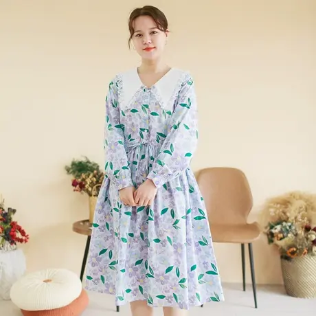 胖妹妹秋季2023新品蕾丝花边翻领棉质连衣裙大码微胖印花文艺长裙商品大图