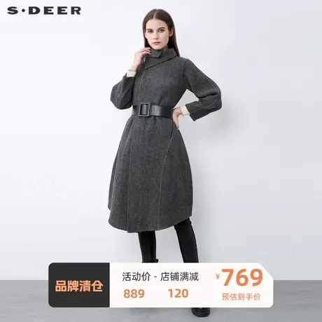 sdeer圣迪奥女装休闲立领收腰暗条纹拼接毛呢大衣S21481810🗝图片