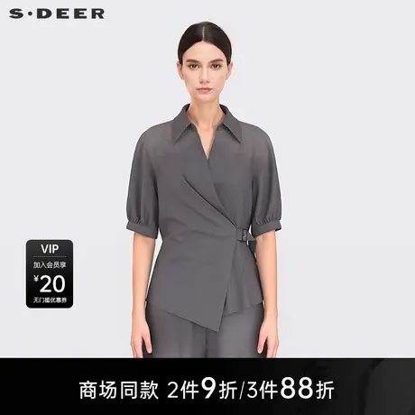 【商场同款】sdeer圣迪奥女时尚V领收腰不规则牛仔衬衫S25280406图片