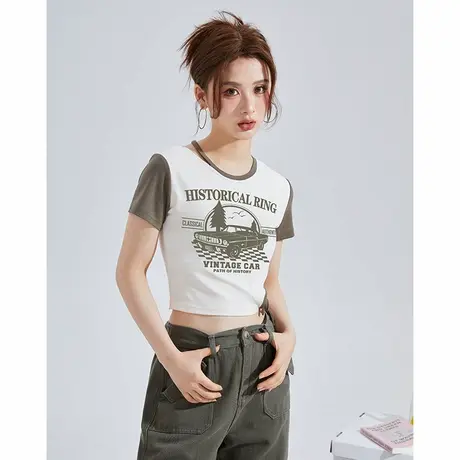 唐狮2024新款女短袖T恤插肩袖拼接腰部镂空绑带辣妹时尚休闲潮酷G商品大图