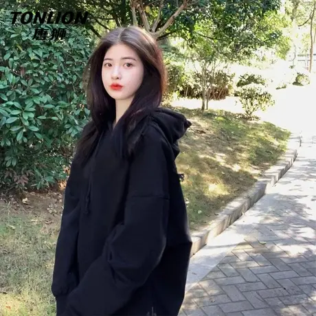 唐狮黑色连帽卫衣女2025新款韩系慵懒风休闲宽松春秋薄款外套VB商品大图
