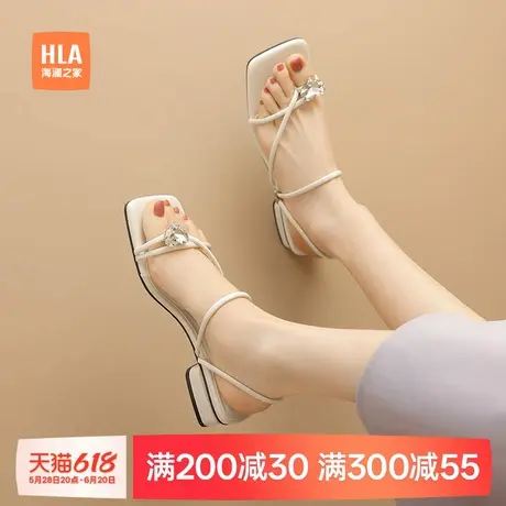 HLA/海澜之家2025新款夏季女鞋方头细跟中跟水钻一字带凉鞋女单鞋图片
