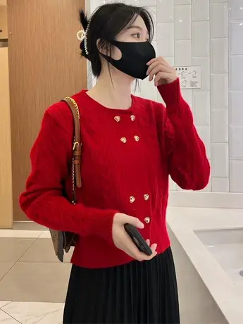 爱心双排扣针织开衫女2023秋冬新款复古小香风纯色圆领外穿毛衣潮图片