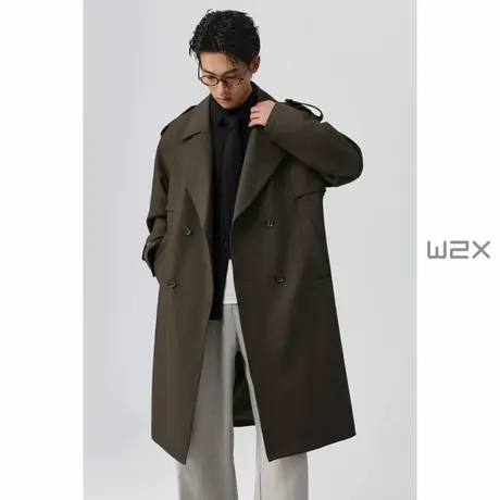 w2x春秋季高密加捻细斜纹风衣男中长款外套高级感宽松猎装大衣潮图片