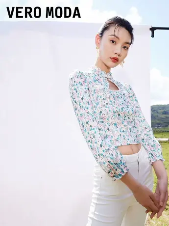 Vero Moda奥莱夏季清仓碎花肌理感泡泡袖中国风盘口百搭T恤上衣女商品大图