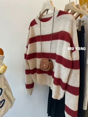 色彩氛围感！韩国宽松套头撞色条纹羊毛针织衫 长袖毛衣女上衣潮商品大图