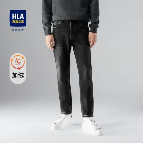 HLA/海澜之家舒适弹力牛仔裤男加厚加绒刺绣洗水工艺保暖裤子男图片