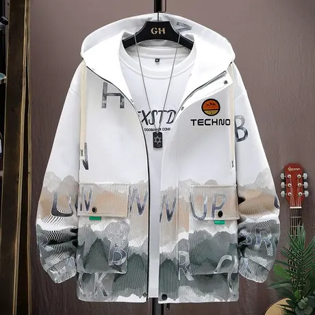 扎染渐变工装外套男春秋休闲宽松连帽夹克男装2023新款潮牌冲锋衣商品大图