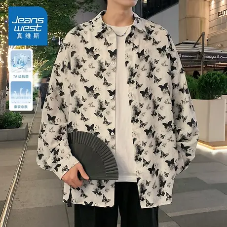 KZH真维斯蝴蝶印花长袖衬衫男秋季新款宽松翻领外套潮流休闲上衣商品大图