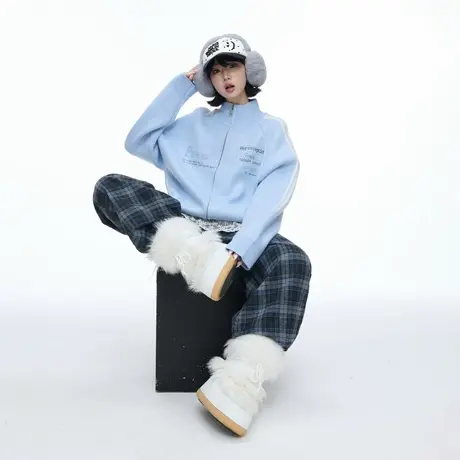美式复古创意印花立领拉链开衫毛衣女秋冬新款宽松休闲情侣针织衫图片