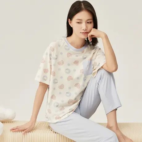 顶瓜瓜睡衣女夏天薄款纯棉短袖长裤可外穿家居服套装夏季商品大图