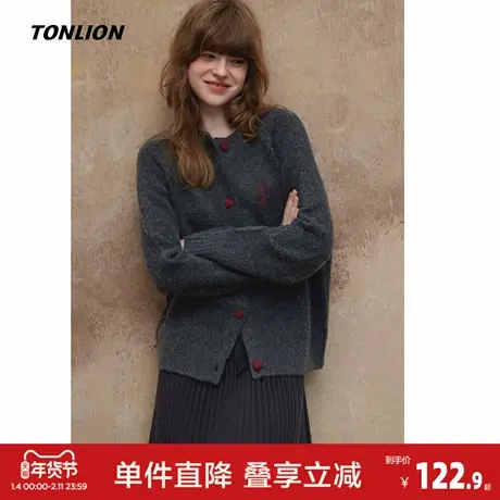 唐狮2026秋冬毛衣慵懒风针织开衫外套女撞色爱心复古毛衣外套商品大图