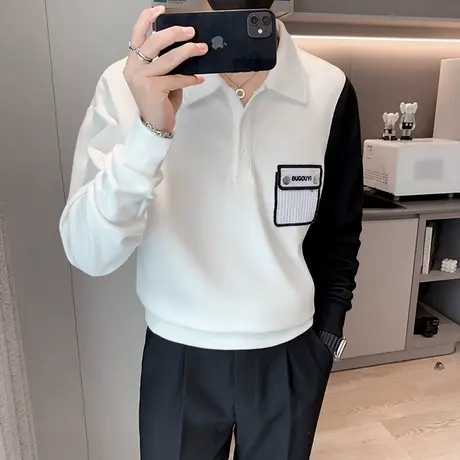 长袖POLO衫卫衣男秋季2023个性拼色高级感小众翻领上衣潮休闲体恤商品大图