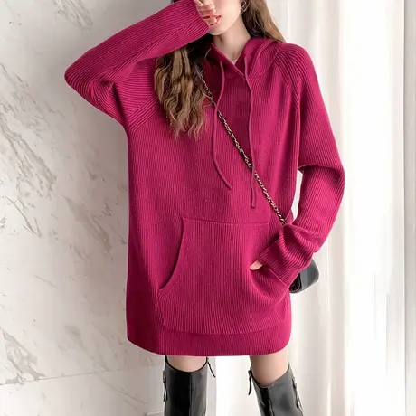 唐狮秋冬新款女毛衣连帽中长款净色针织衫宽松显瘦套头百搭TM商品大图