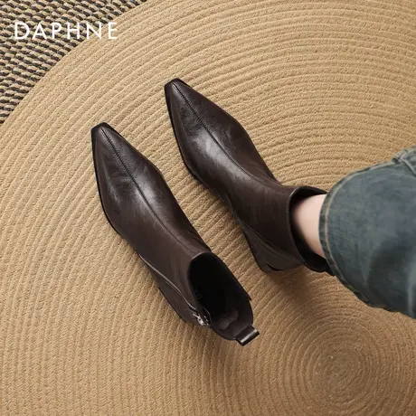 达芙妮尖头高跟短靴棕色靴子女2026新款冬季瘦瘦靴切尔西靴马丁靴商品大图