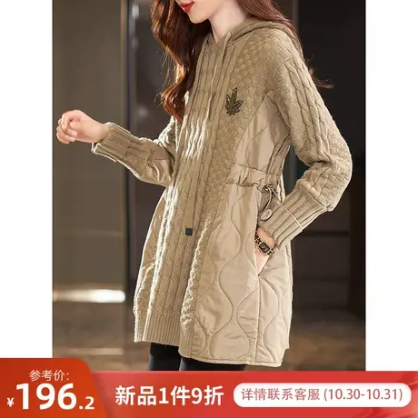 宝诗黎连帽针织拼接中长款套头棉服2023秋冬季新款抽绳收腰外套女商品大图