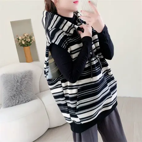 中长款条纹加绒卫衣马甲女加厚2023新款冬季宽松时尚学生背心外套商品大图