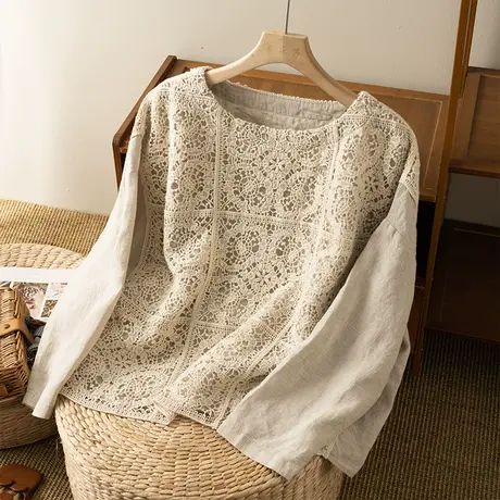 享永子绣花亚麻上衣女文艺复古设计感小众高级感棉麻T恤2023新款商品大图