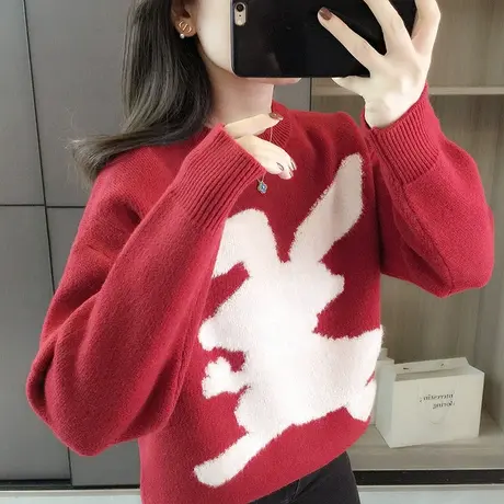 圆领针织衫女士卡通毛衣秋冬2023新款套头韩版宽松慵懒风上衣外穿图片