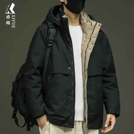 户外加厚羽绒服男冬季可拆卸连帽鸭绒外套宽松大码黑色冲锋衣棉服商品大图