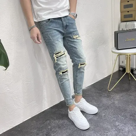 男款个性补丁破洞牛仔裤韩版修身小脚裤贴布铅笔裤四季男士九分裤商品大图