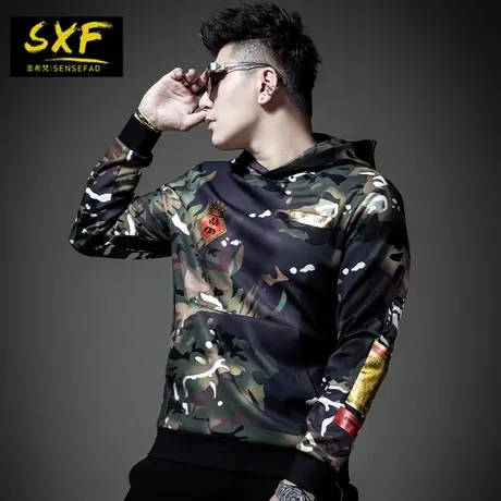 SXF圣希梵迷彩卫衣男连帽 春季新款太空棉男装潮牌套头衫男士卫衣商品大图
