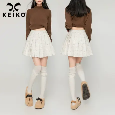 KEIKO 嵌丝粗花呢百褶短裙2023秋冬小香风高腰显瘦A字包臀半身裙图片