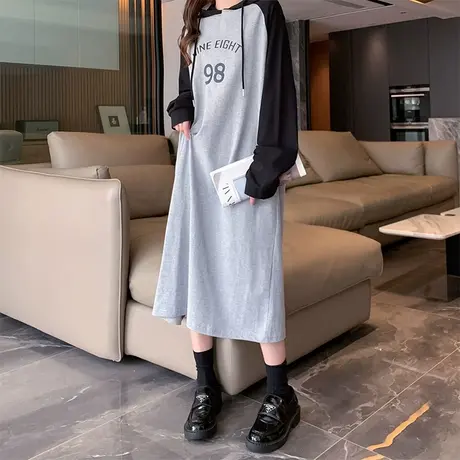 唐狮插肩袖连帽卫衣连衣裙女春季流行穿搭女装长款春装新款裙子s5商品大图