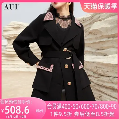 AUI黑色御姐气质短款毛呢外套女2023年冬新款欧洲站修身呢子大衣图片