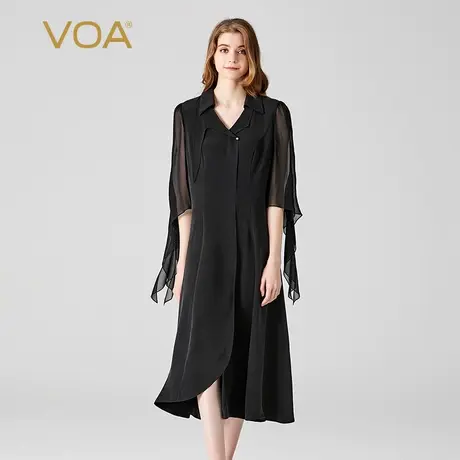 VOA30姆米重磅桑蚕丝黑色翻领五分袖不对称设计简约风真丝连衣裙图片