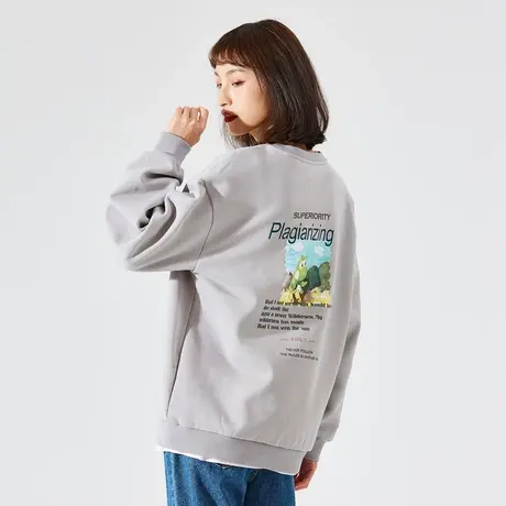 唐狮春新款宽松百搭圆领卫衣女慵懒风ins设计感小众后背印花商品大图
