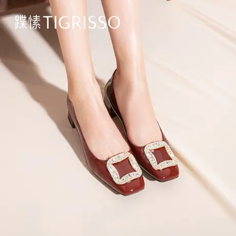 【有钱钻】蹀愫法式钻扣漆皮粗跟中跟通勤红色单鞋TA62523-11商品大图