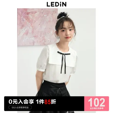 乐町海军风大翻领白色短袖衬衫女2023年夏季新款娃娃领合体上衣图片