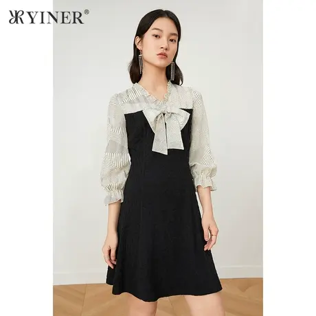 YINER音儿奥莱女装秋冬肌理感蝴蝶结撞色泡泡袖连衣裙女图片