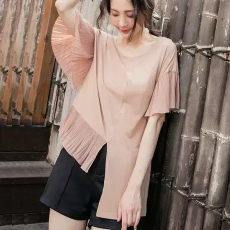 桔熊夏季韩版设计款t恤舒适不对称百褶喇叭袖上衣女装大码AB15950商品大图