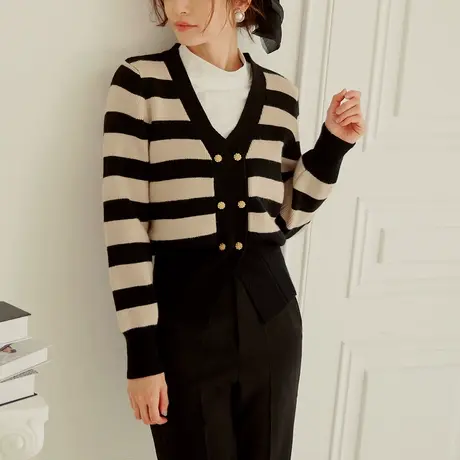 桔熊秋冬季休闲条纹双排扣长袖针织衫短款毛衣外套女装大码FA2827商品大图