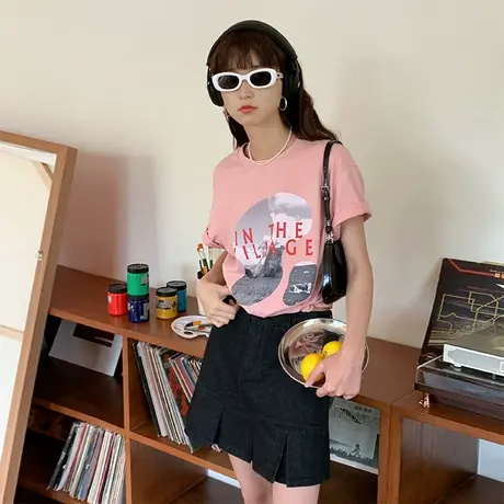 omont蛋挞家 短袖T恤女夏季新款原创设计感印花圆领宽松休闲上衣商品大图