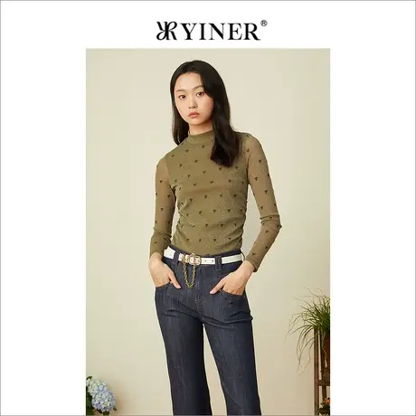 YINER音儿专柜女装2022春季新款亮丝拼接字母绣花针织衫商品大图